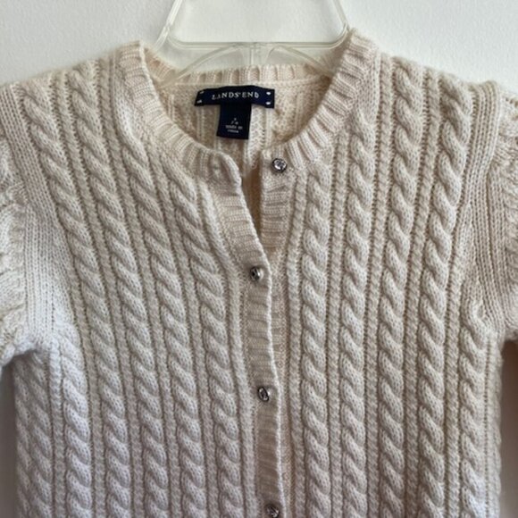 LANDS' END Wool Cable Cardigan Sweater Off White Crystal Button Girl S 7… - Picture 4 of 16